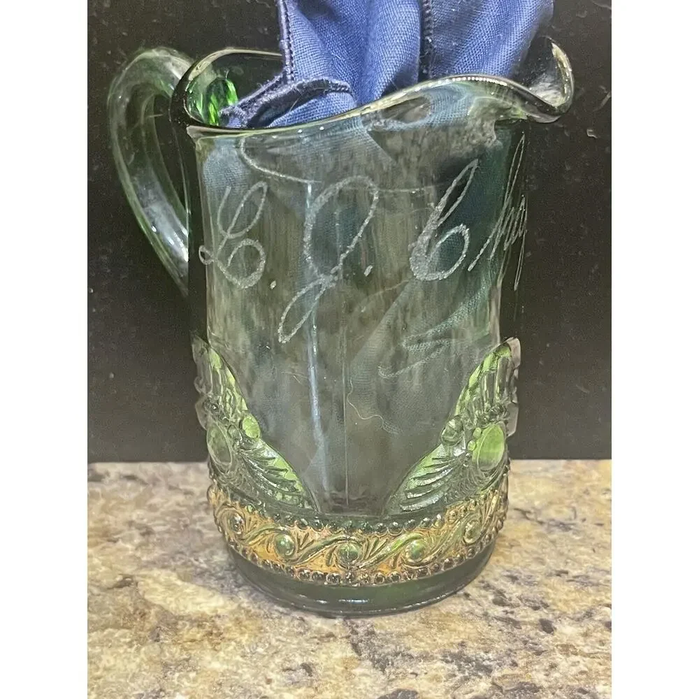 Antique EAPG Pitcher Green Glass with Gold Trim Engraved L‎ J Chapman 1912 Nice